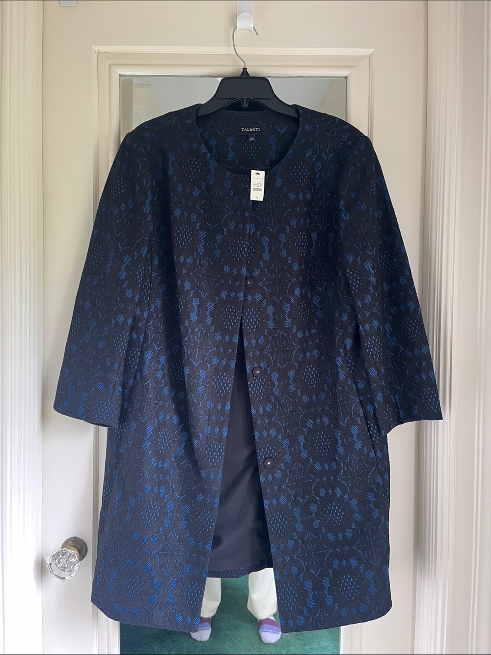 Talbots Navy and Blue Floral Jacquard Coat